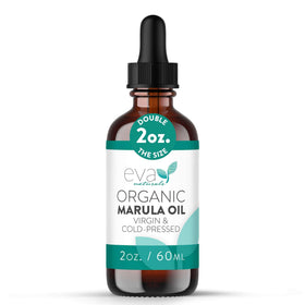 Eva Naturals bottle front view showing clean marula oil packaging and benefits