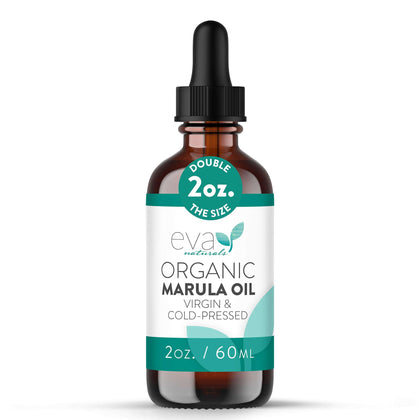 Eva Naturals bottle front view showing clean marula oil packaging and benefits