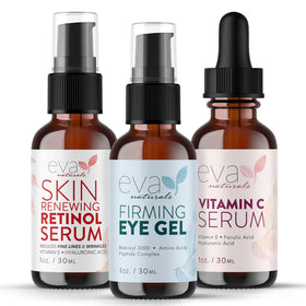 Eva Naturals packaging front showing the three-serum set and kit benefits