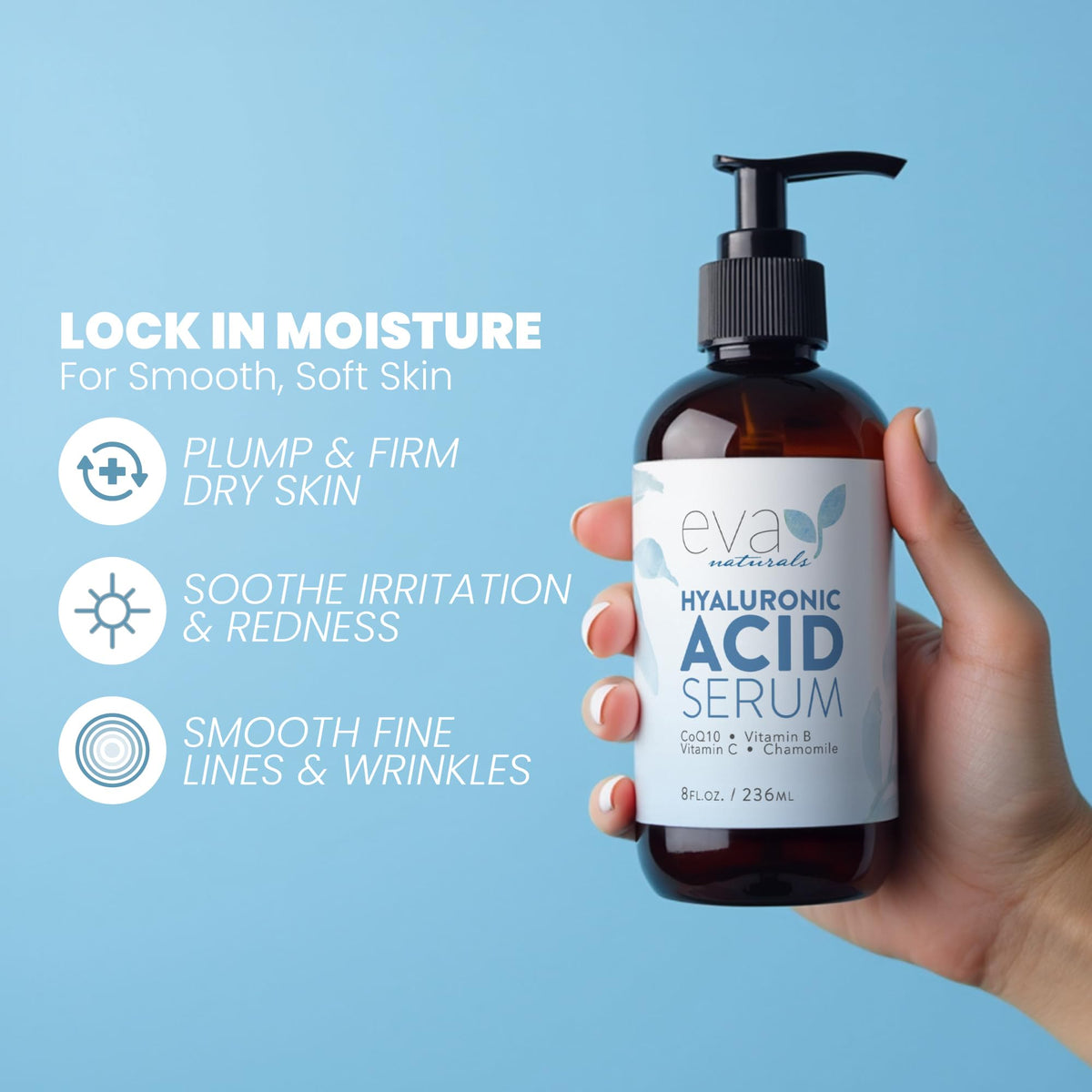 Eva Naturals pump dispenser close-up highlighting easy, controlled application