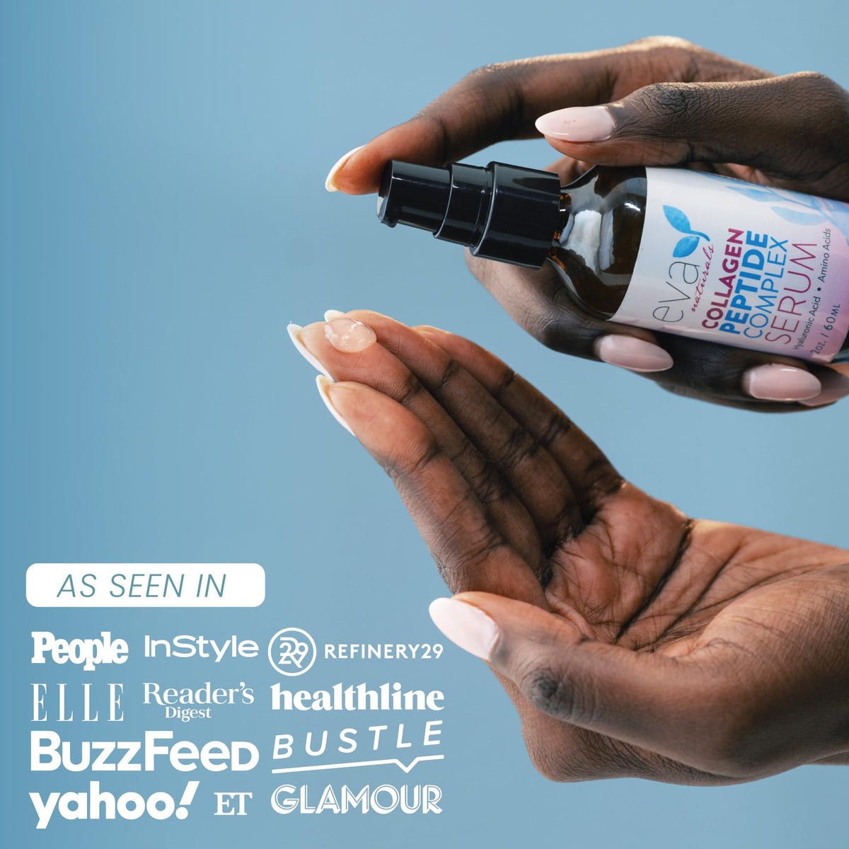 Eva Naturals applying serum to cheek depicting smoothing and firming benefit