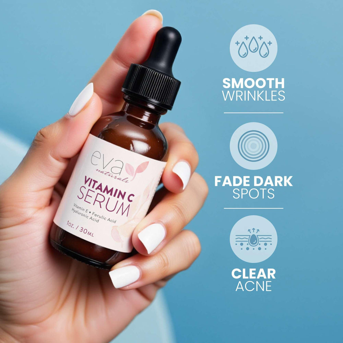 Eva Naturals dropper releasing serum; shows texture and fast absorption