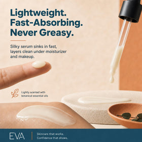Eva Naturals serum being applied to skin showing smooth hydration