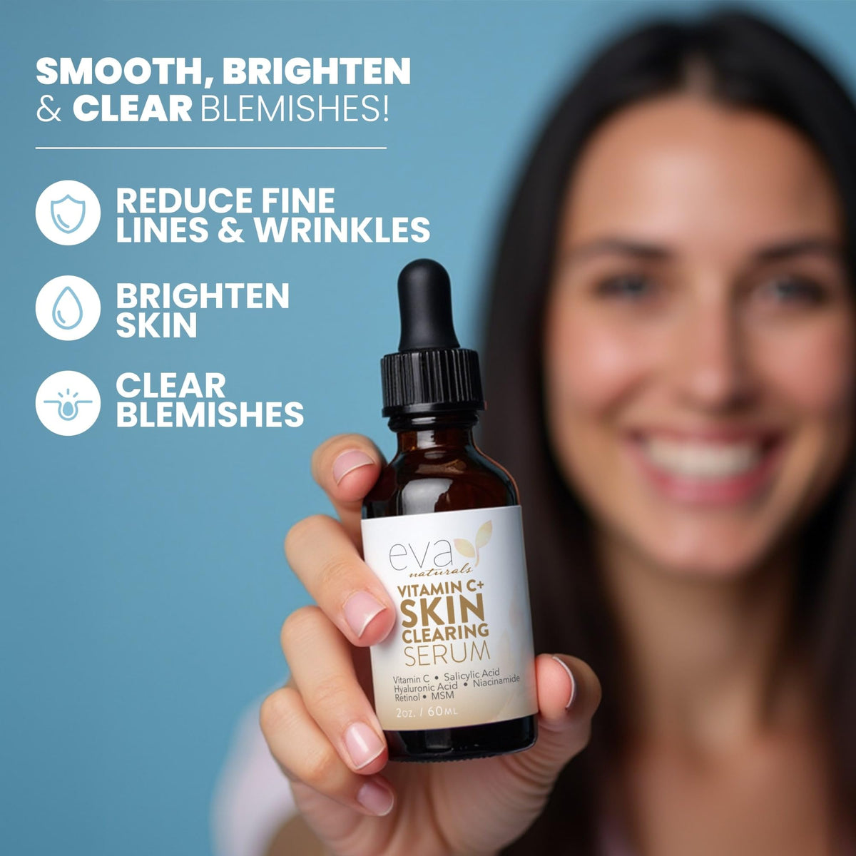 Eva Naturals serum texture drop on fingertip showing lightweight, fast-absorbing finish benefit
