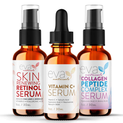 Eva Naturals front packaging of three-serum bundle showing product clarity benefit