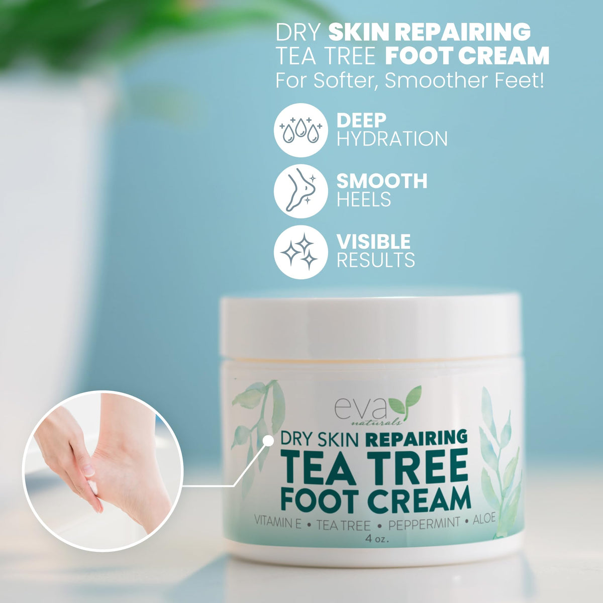 Eva Naturals tube open with cream on fingertip showing smooth, fast-absorbing texture