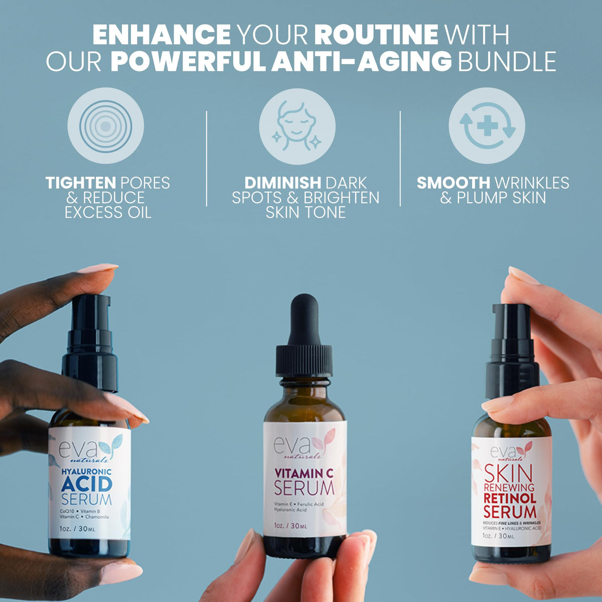 Eva Naturals Vitamin C serum dropper dispensing brightening formula for radiance