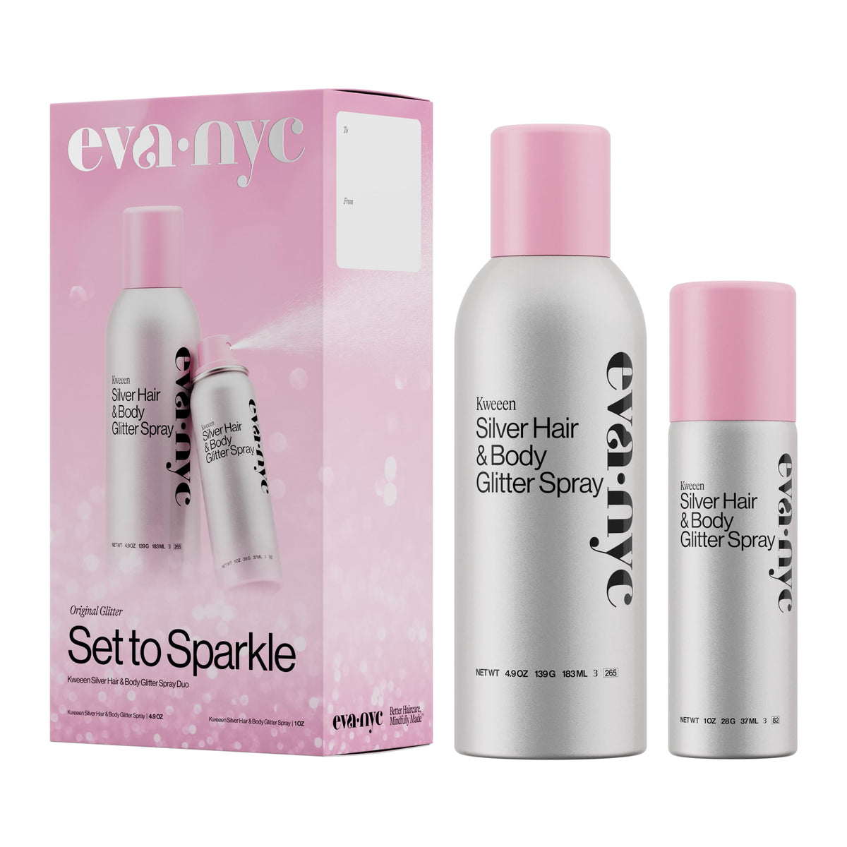 Eva NYC front packaging showing full and travel bottles with brand sparkle benefit