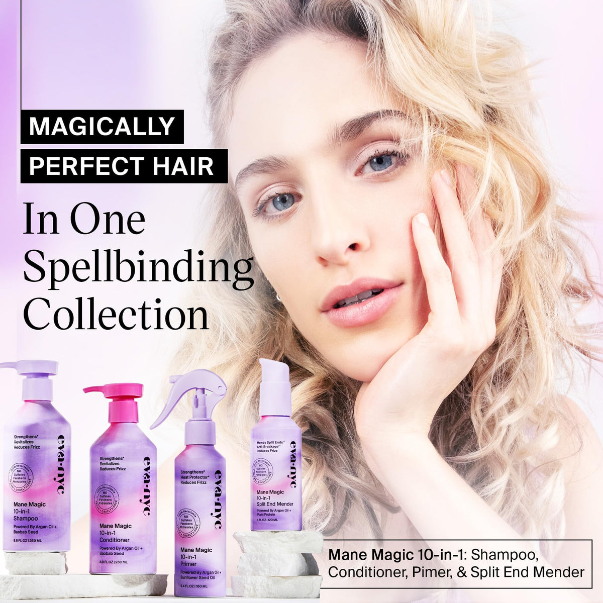 EVA·NYC shampoo on bathroom shelf in use for everyday styling routine