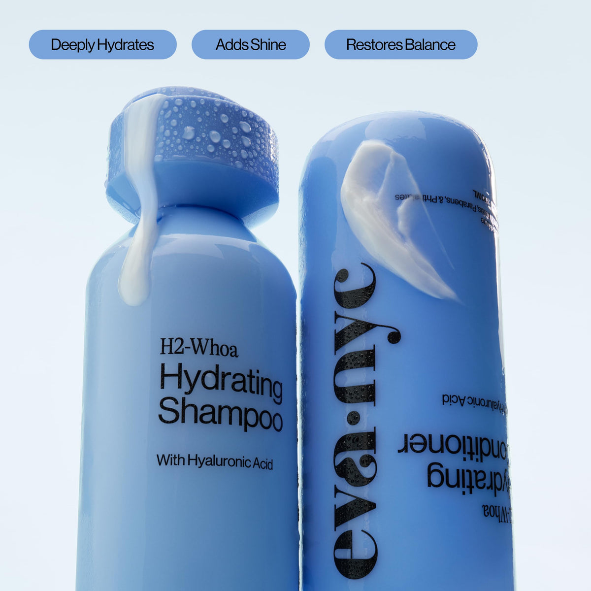 EVA·NYC pump close-up with hyaluronic acid label, shows ease of use benefit