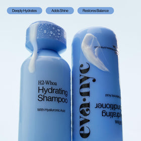 EVA·NYC pump close-up with hyaluronic acid label, shows ease of use benefit