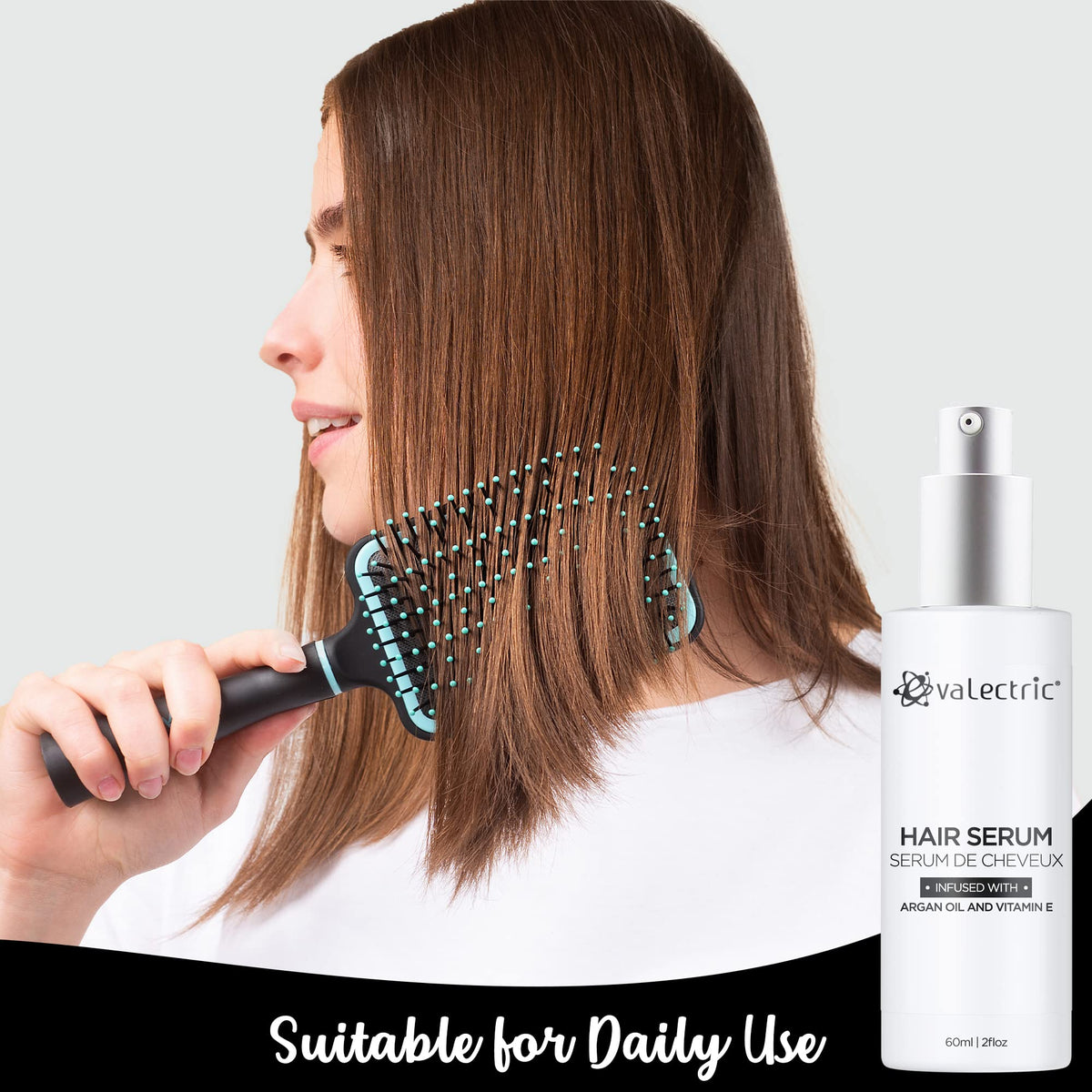 Evalectric bottle beside styling tools suggesting heat protection benefit