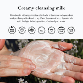 evanhealy cleansing milk applied on hand, demonstrates gentle removal and comfort