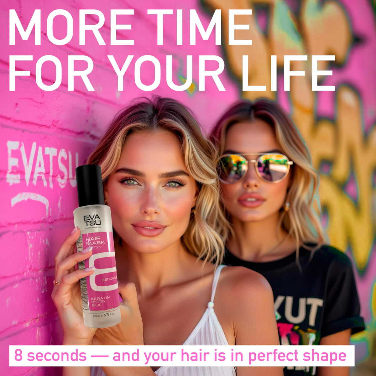 EVATSU on a bathroom shelf in a lifestyle shot suggesting salon-grade care at home
