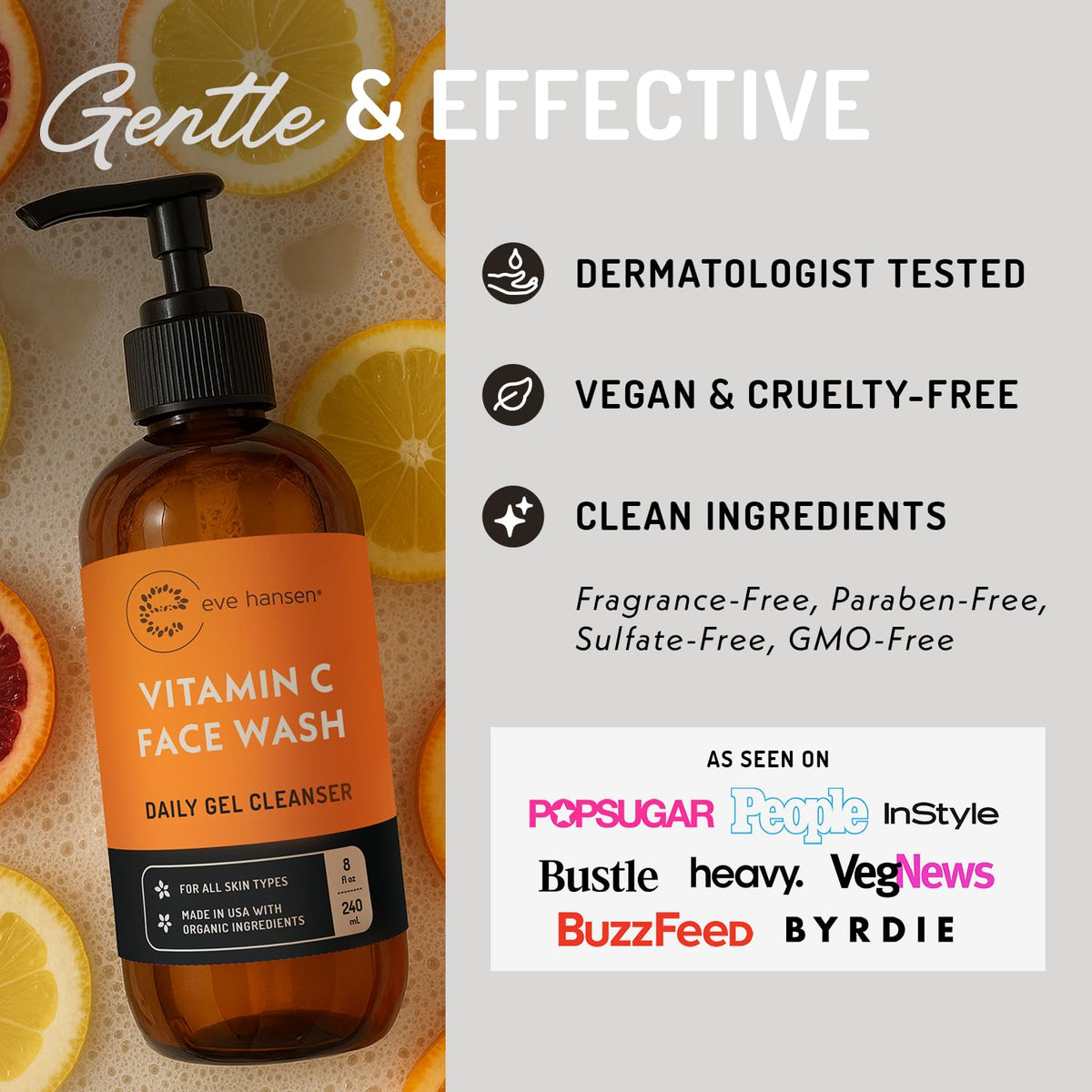 Eve Hansen cleanser pouring into palm for easy dispensing and daily use benefit