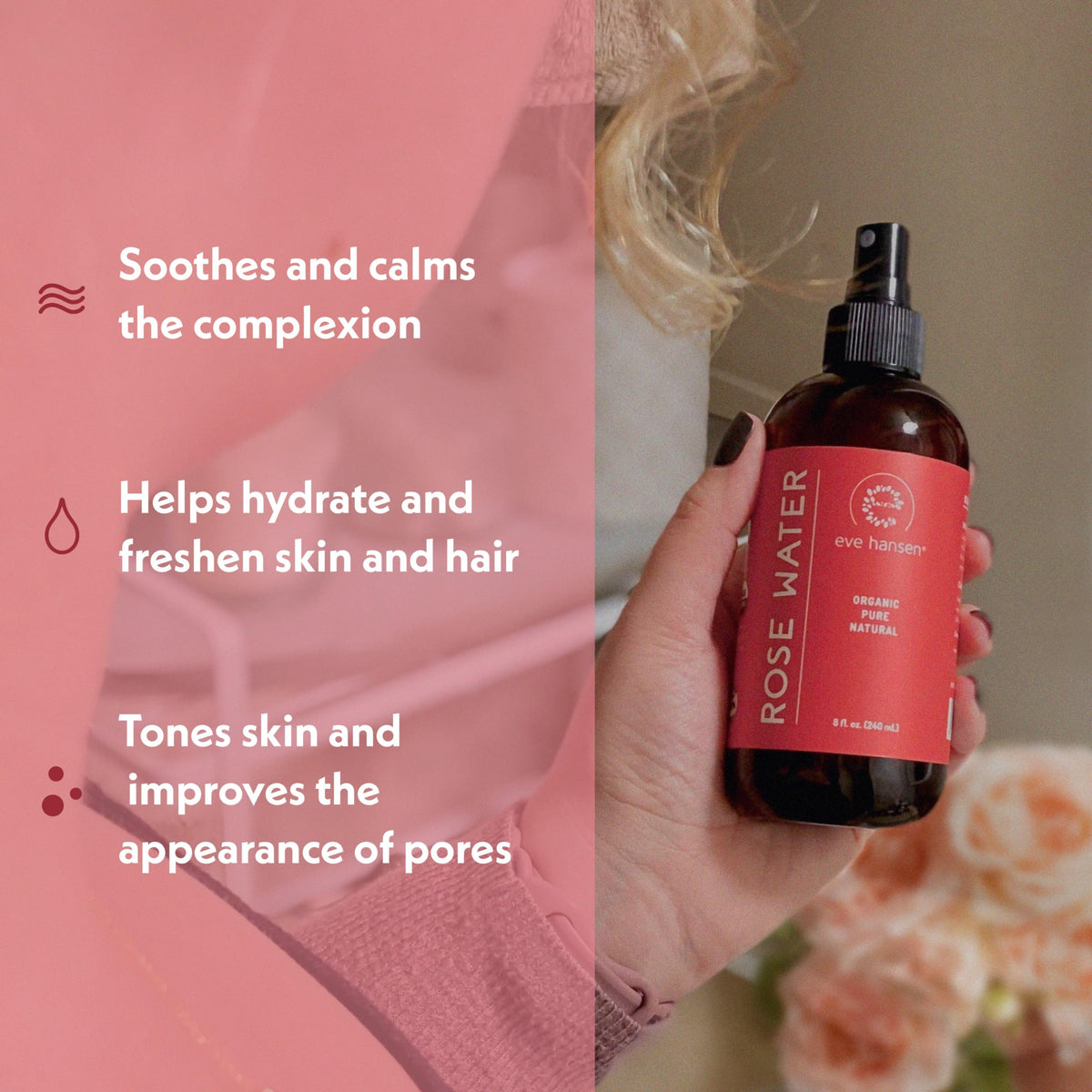 Eve Hansen close-up mist spray demonstrating fine even distribution for makeup setting