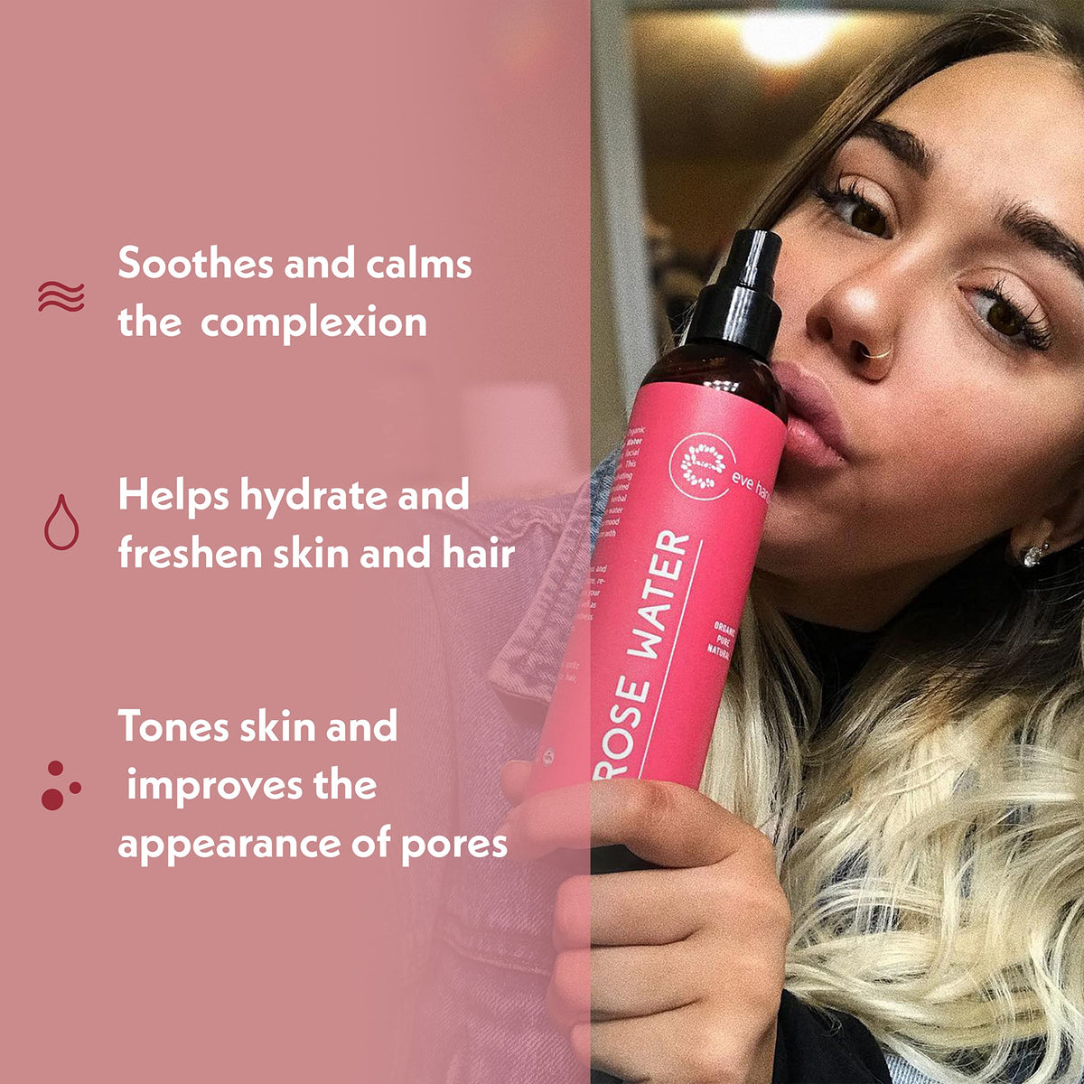 Eve Hansen close-up of fine spray mist demonstrating even coverage and refreshing feel