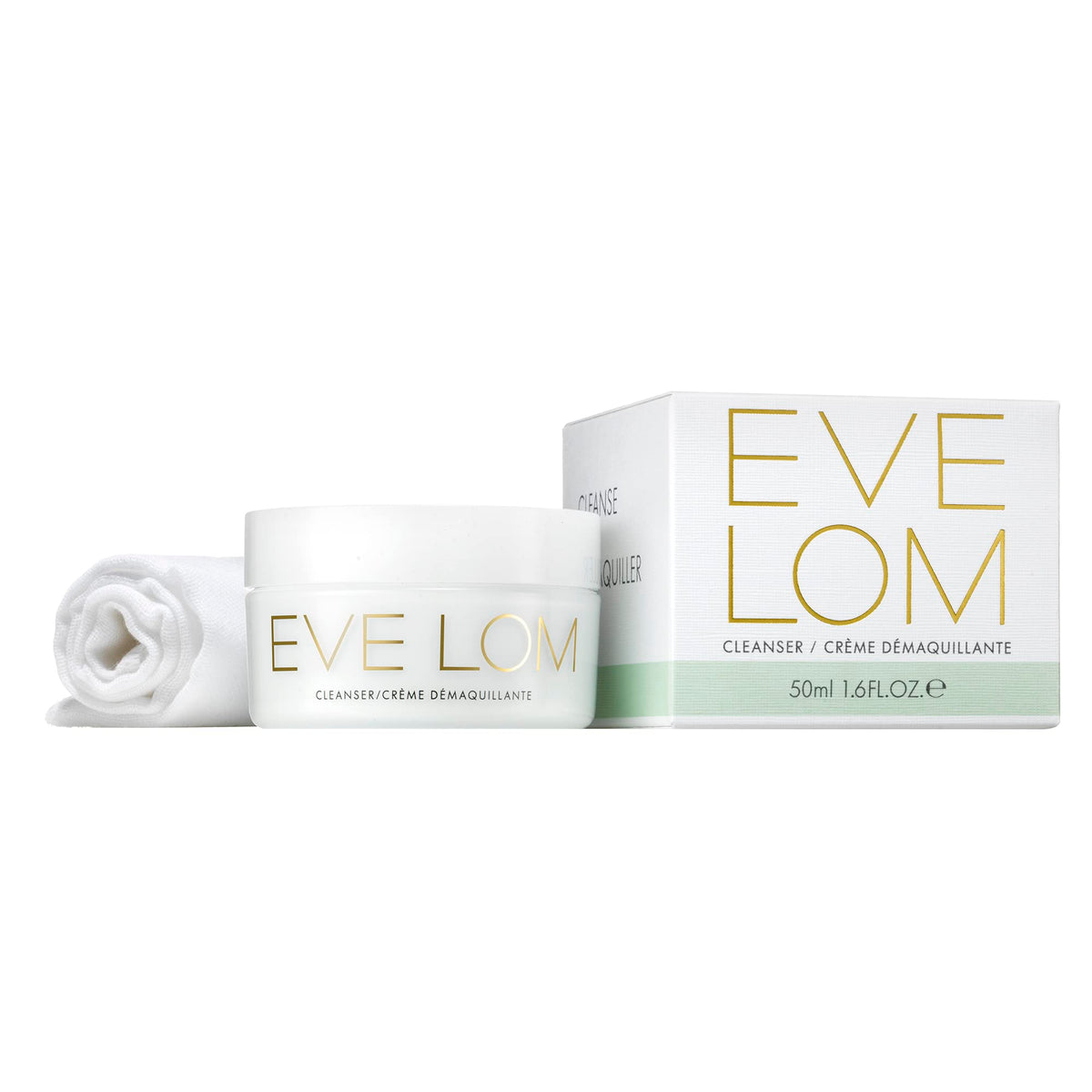 EVE LOM application massage on model face showing melt-away make-up benefit