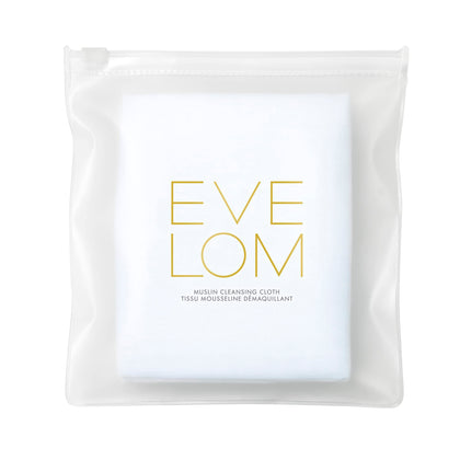 EVE LOM cloth front folded showing clean brand packaging and easy storage benefit