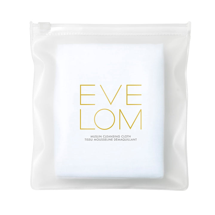 EVE LOM cloth front folded showing clean brand packaging and easy storage benefit