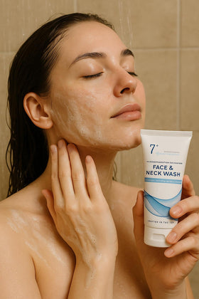 EVERCLEARNOW applying scrub to neck and face to smooth bumps and improve texture