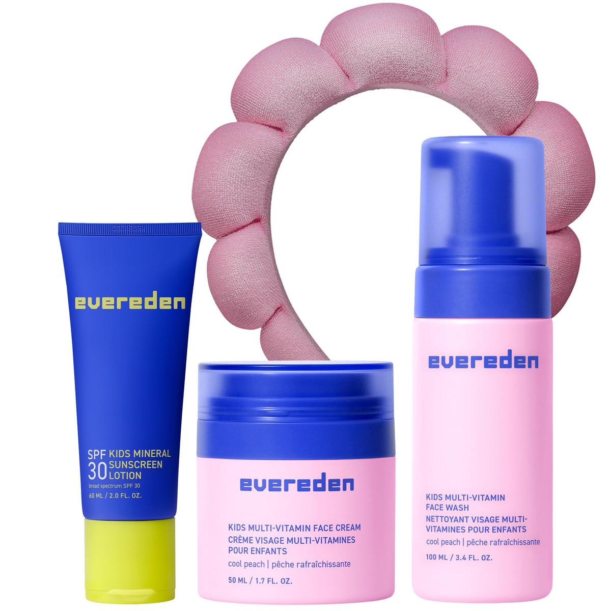 Evereden front packaging of the 1-2-3 kids skincare set showing all items