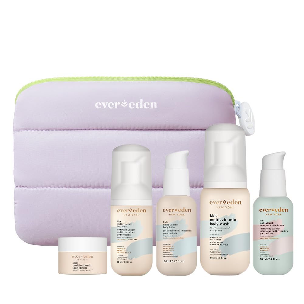 Evereden front packaging of 5-piece kids travel set showing compact bottles and labels for easy packing