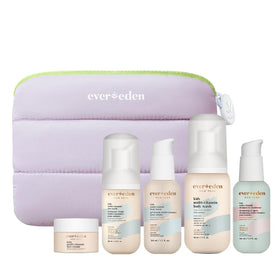 Evereden front packaging of 5-piece kids travel set showing compact bottles and labels for easy packing