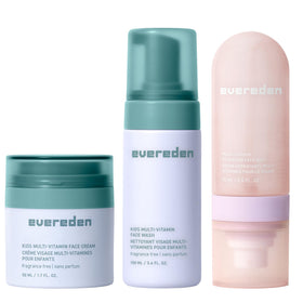 Evereden front packaging set showing clean, fragrance-free kids skincare benefits