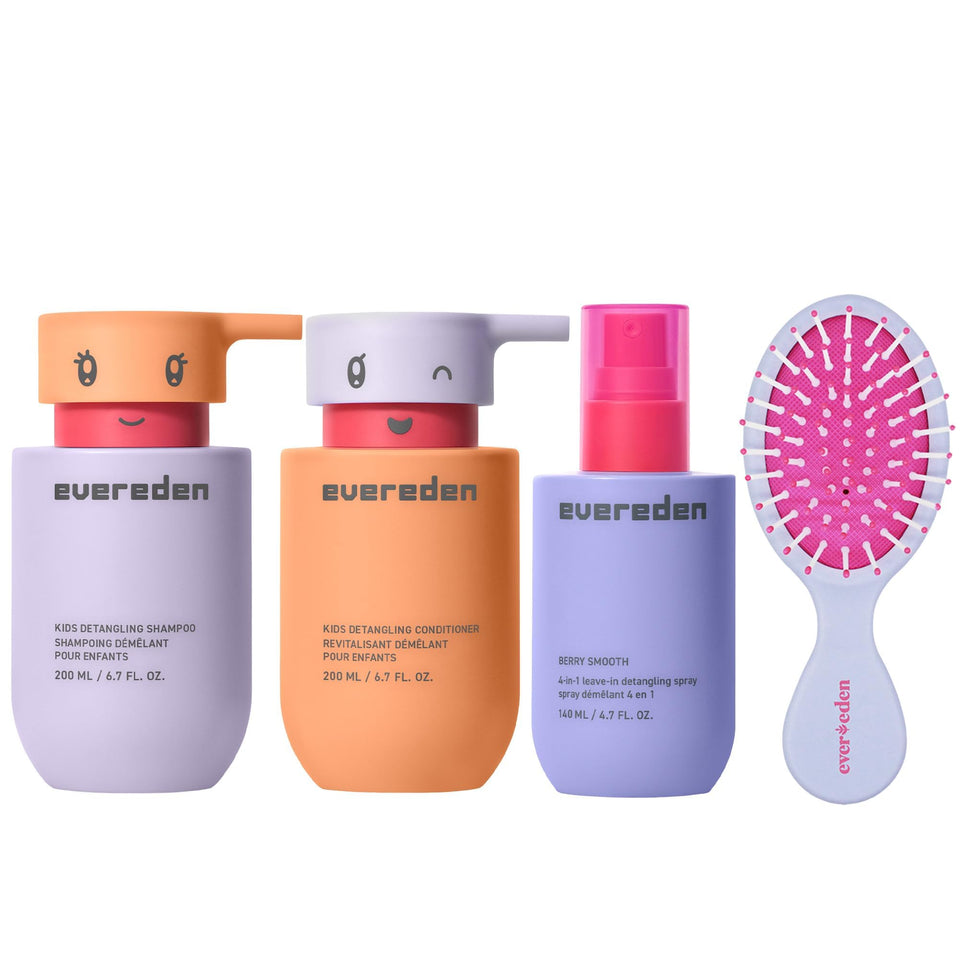 Evereden front packaging showing the complete kids haircare set and benefits