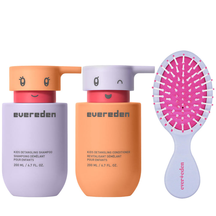Evereden front packaging showing the full kids shampoo, conditioner, and brush set benefit: stress-free bath time