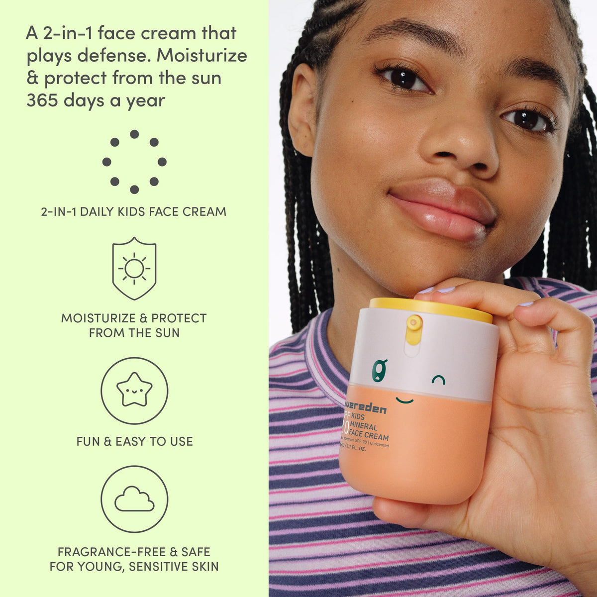 Evereden being applied to child’s cheek for gentle sun protection