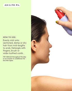 Evereden mist on hair strands highlighting lightweight texture and slip