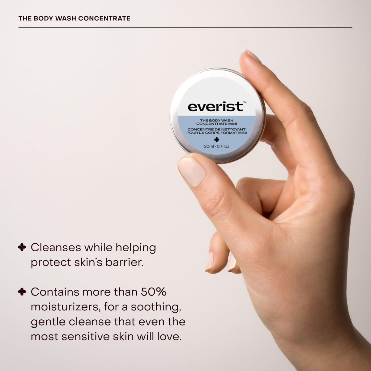 Everist body wash droplet on skin showing hydrating glycerin and soothing aloe