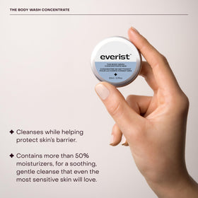 Everist body wash droplet on skin showing hydrating glycerin and soothing aloe