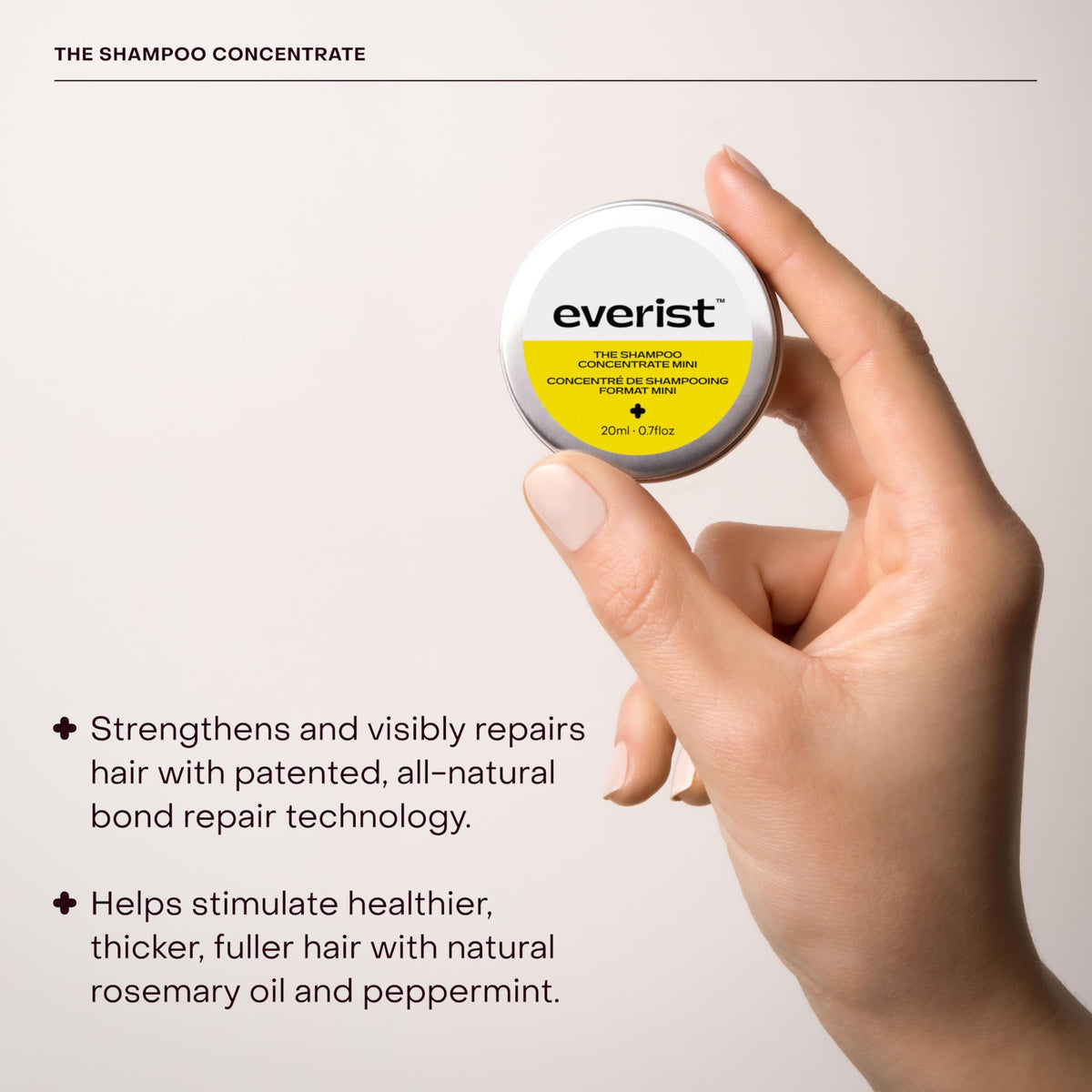 Everist shampoo tin closed showing label detail and portable design benefits