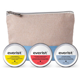 Everist travel kit front packaging showing three tins and pouch, compact convenience