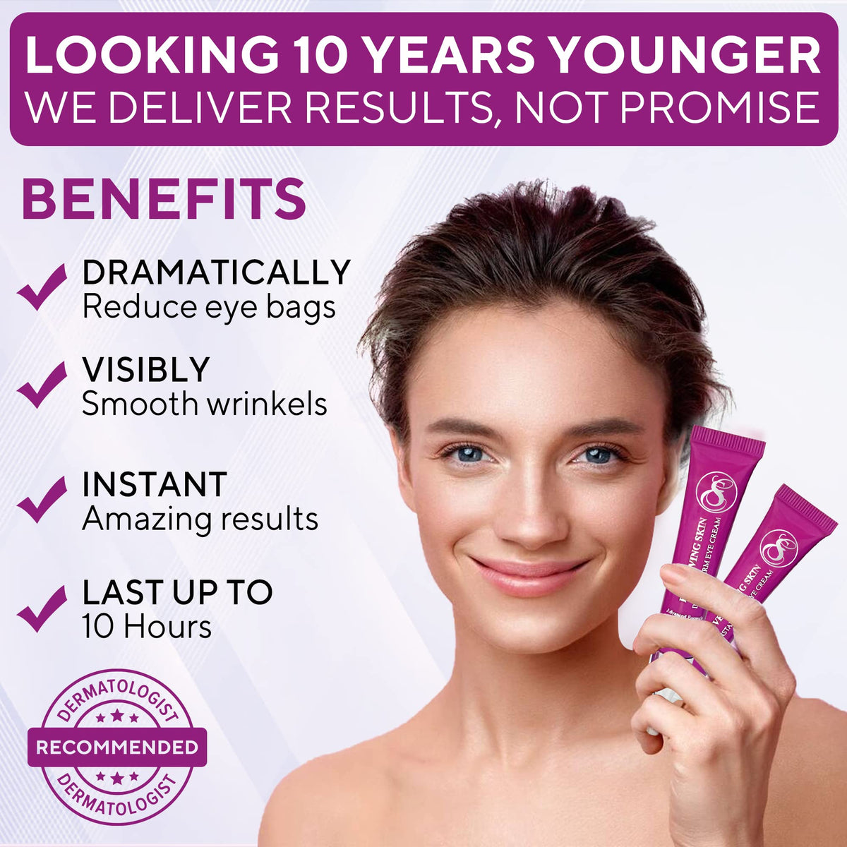 Everliving Skin applied under eye by fingertip demonstrating instant tightening effect