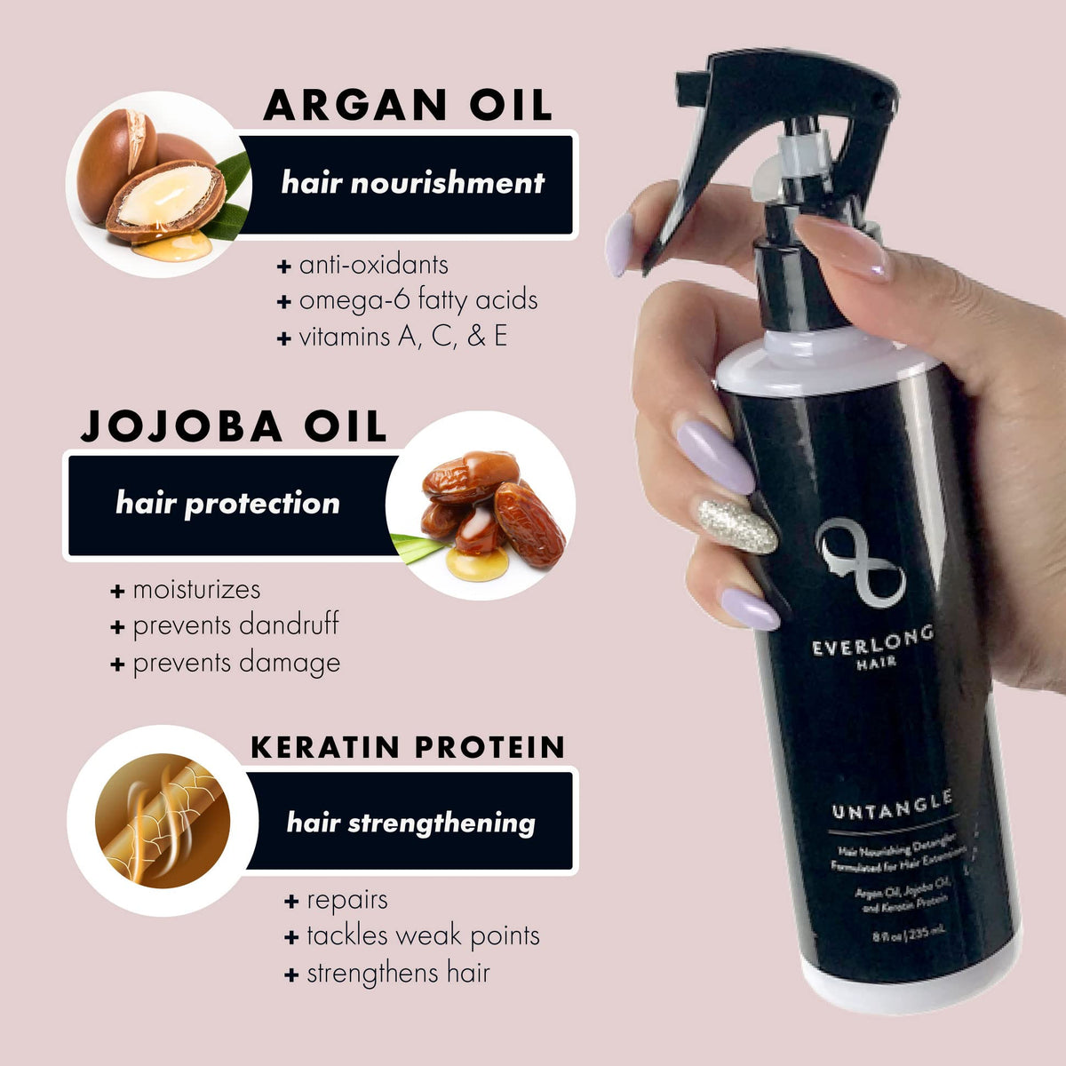 everlong spray action closeup misting hair for gentle detangling before combing