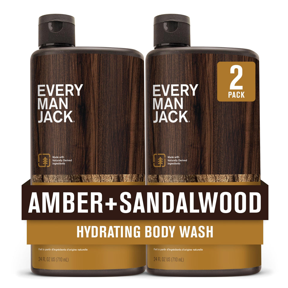 Every Man Jack front packaging showing amber sandalwood scent and benefits