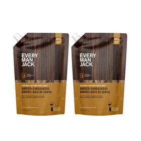 Every Man Jack front packaging showing amber and sandalwood scent benefits