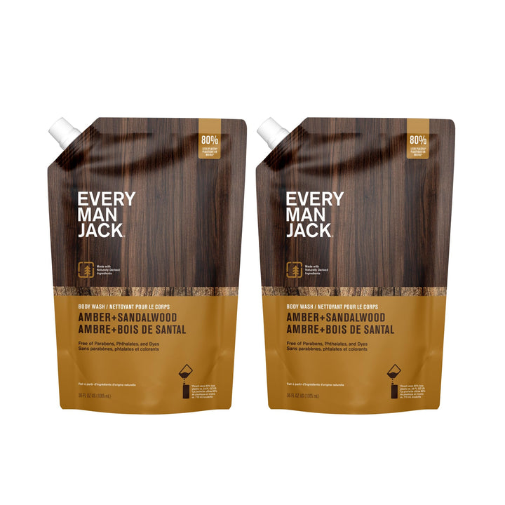Every Man Jack front packaging showing amber and sandalwood scent benefits