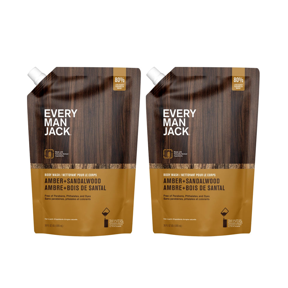 Every Man Jack front packaging showing amber and sandalwood scent benefits