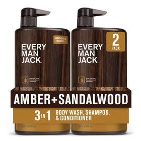Every Man Jack front packaging showing amber and sandalwood scent benefit convenience