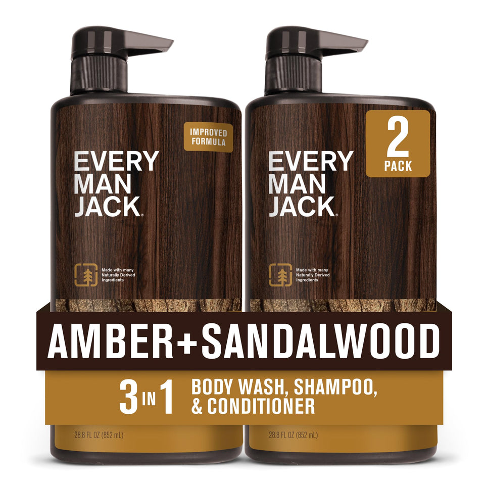 Every Man Jack front packaging showing amber and sandalwood scent benefit convenience