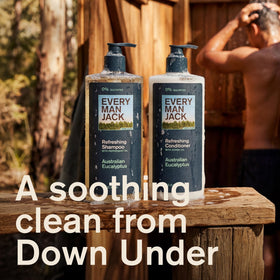 Every Man Jack bottles staged in bathroom suggesting an invigorating daily shower routine