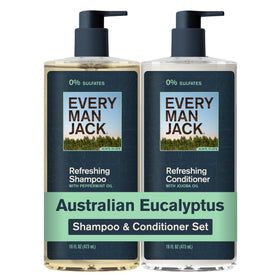 Every Man Jack front packaging showing two 16 fl oz bottles and eucalyptus scent benefit