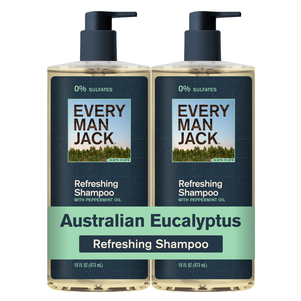 Every Man Jack front packaging showing eucalyptus scent and two-bottle pack benefit