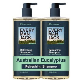 Every Man Jack front packaging showing eucalyptus scent and two-bottle pack benefit