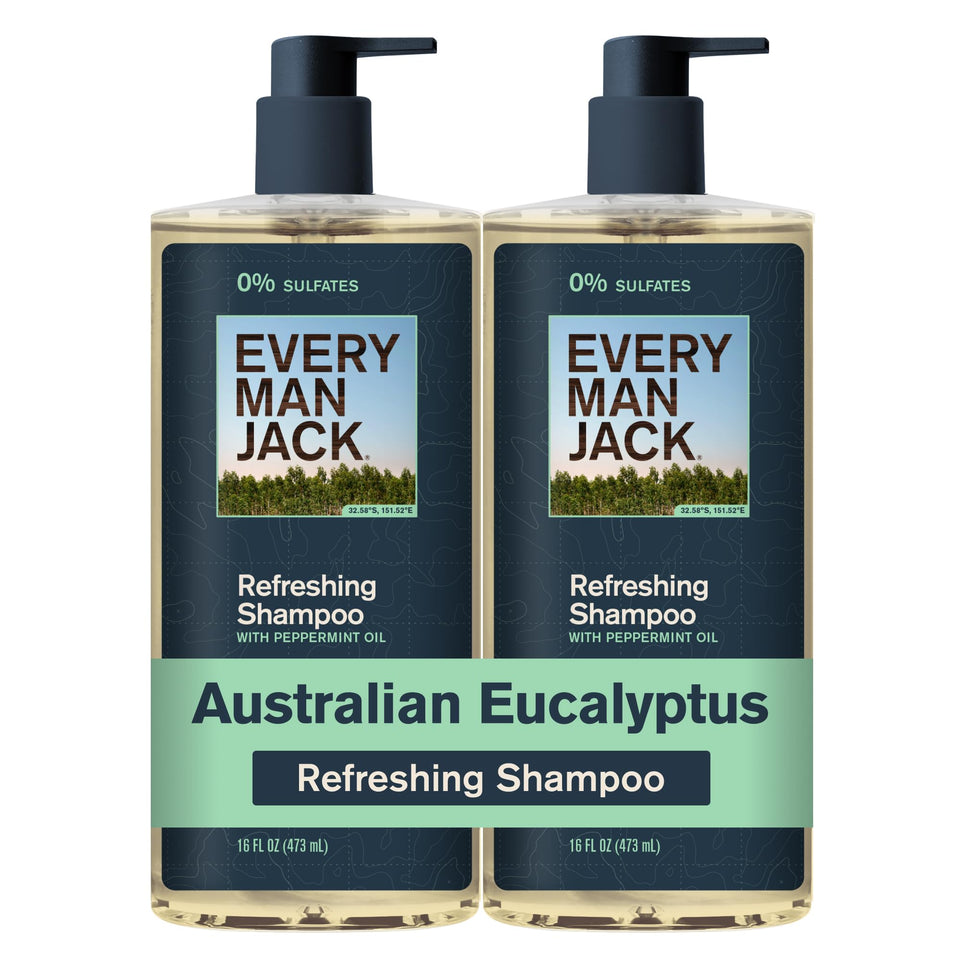 Every Man Jack front packaging showing eucalyptus scent and two-bottle pack benefit